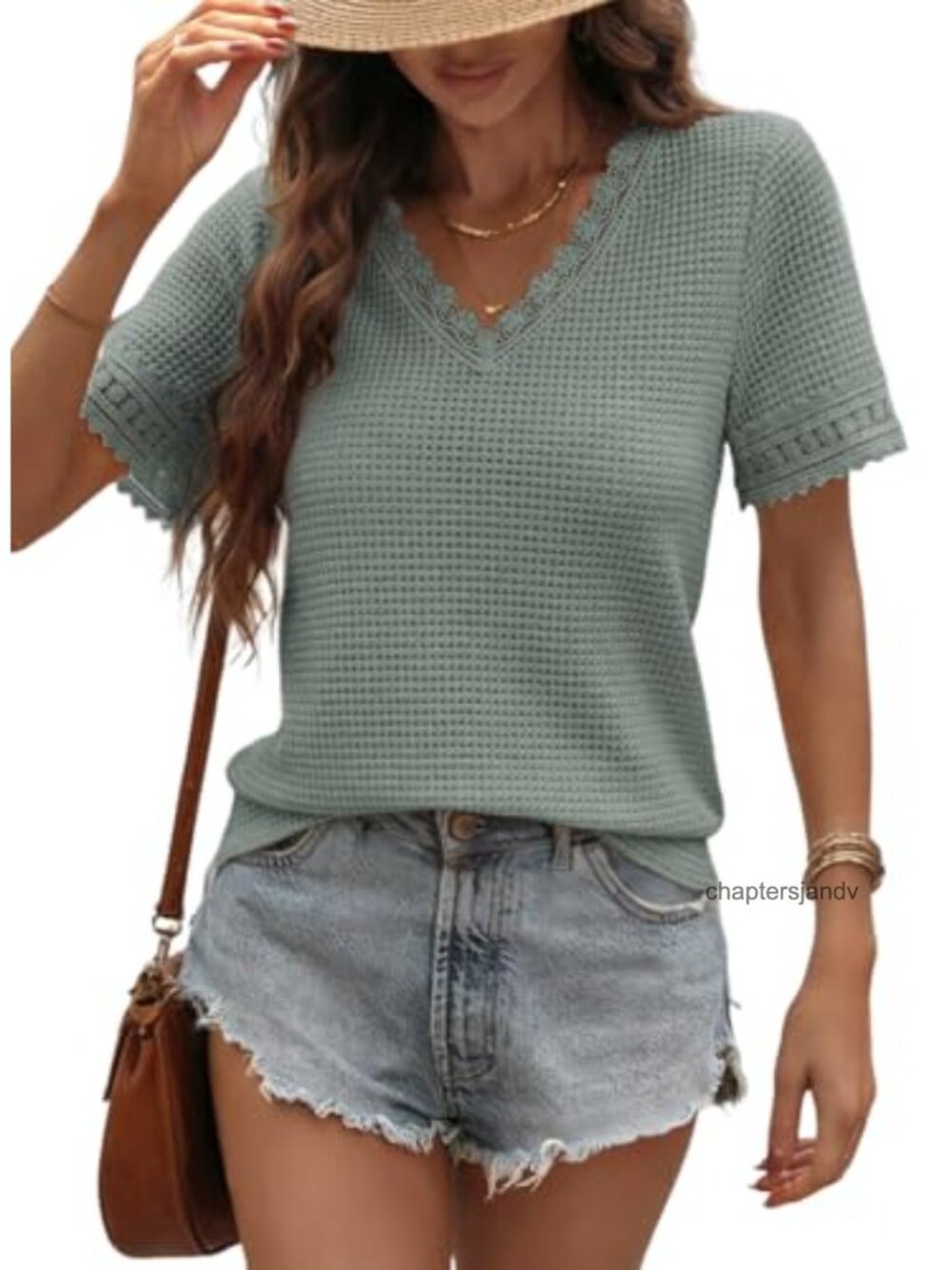 Women's V Neck Short Sleeve Waffle Knit Lace Patchwork Tunic Tee Blouse